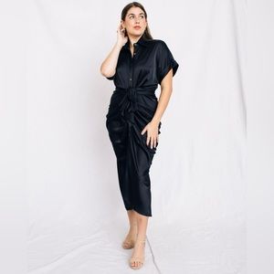 Silky Button Down Front Tie Midi
Dress - Black